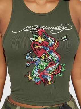 Ed Hardy Olive Green Ribbed Tank Top with Multicolor Dragon Graphic